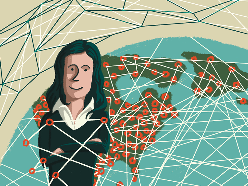 Illustration of woman standing in front of the earth, which is covered by lines that criss-cross the planet.